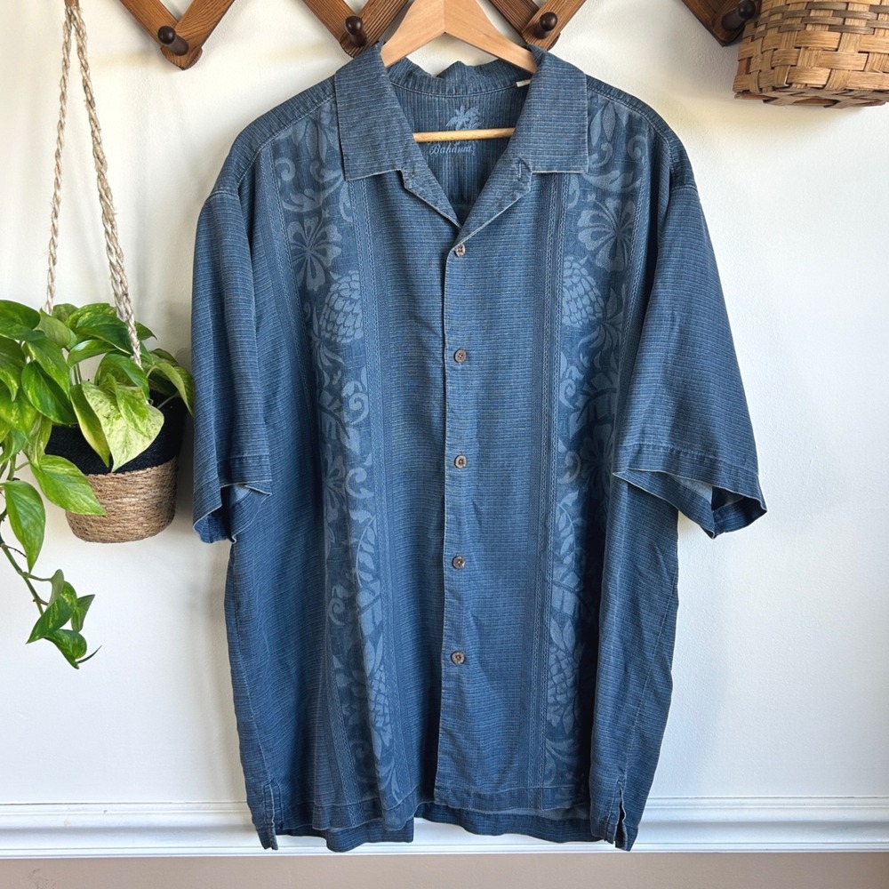 Tommy Bahama Vintage Mens XL Blue 100% Silk Pineapple Floral Jacquard Camp Shirt